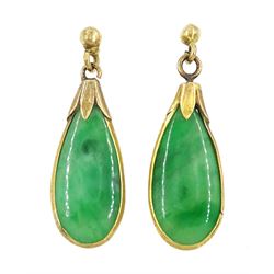 Pair of gold jade pendant stud earrings