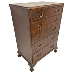 Early 20th century Georgian design chest, fitted with five graduating cock-beaded drawers, lower moulded edge over ogee supports with ball and claw feet