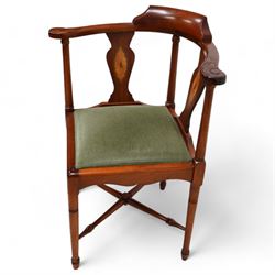 Edwardian inlaid mahogany corner chair, sage green upholstered seat