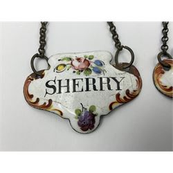 Two late 18th/early 19th century enamel wine labels, each of shaped form, titled 'CLARET', and 'SHERRY' and decorated with floral sprigs and scroll detail upon a white ground, each with suspension chain, each approximately H3.5cm W5cm