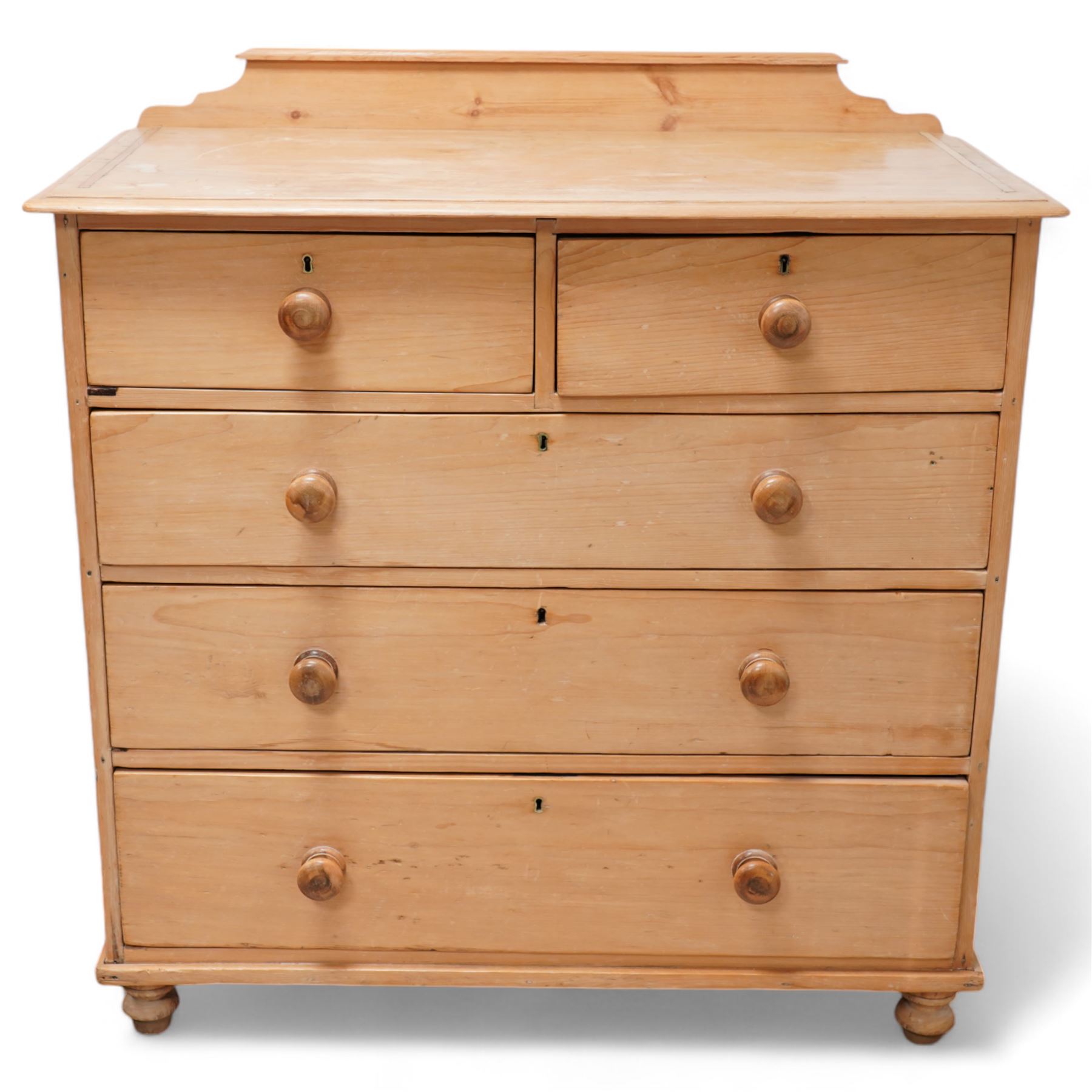 Victorian pine chest, raised back over rectangular top, fitted with two short over three drawers, on turned feet