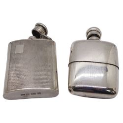 Modern silver hipflask, with engine turned panel to front and vacant rectangular panel to upper left corner, hallmarked William Manton, Birmingham 1989, H9.5cm, together with another modern silver hipflask hallmarked London import, 1990, makers mark indistinct, H10cm, approximate total weight 6.97 ozt (217 grams)