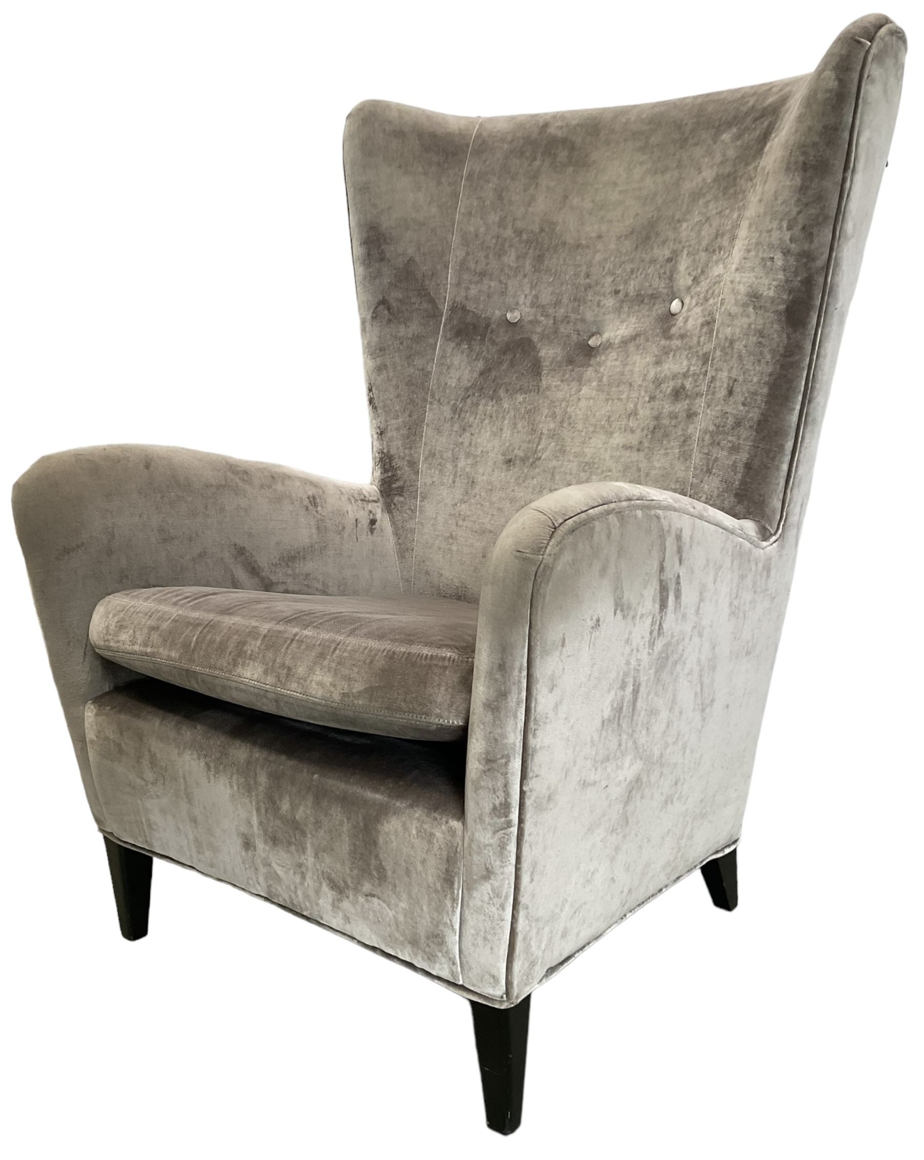 2 x Wing back armchair upholstered in silver crushed velvet fabric