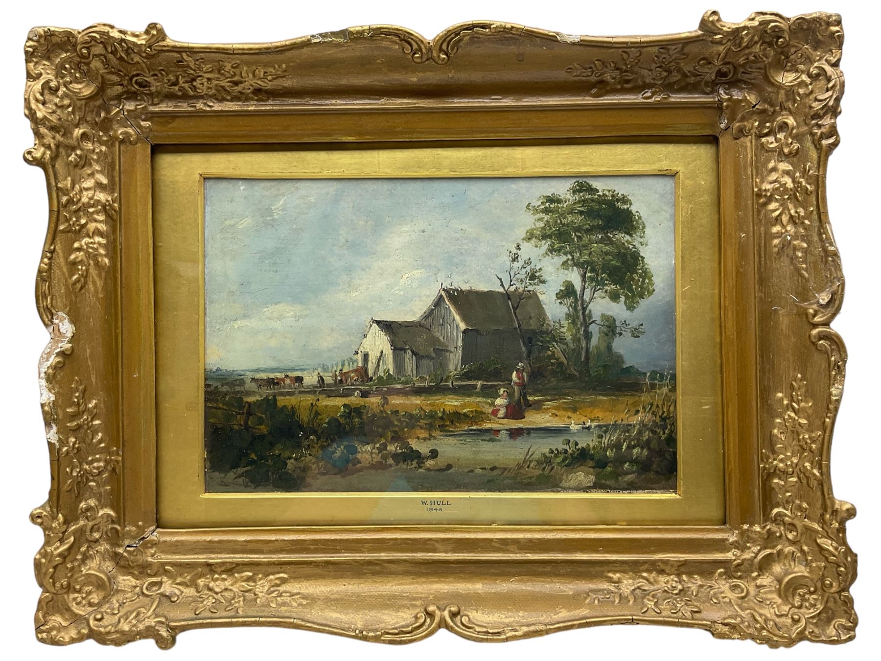 William Hull (British 1820-1880): Cattle Farm by the Duck Pond, oil on board unsigned, attributed and dated 1846 on the mount 18cm x 27cm