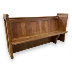 19th century oak church pew or hall bench, moulded cresting rail over panelled back and plank seat, on panelled end supports with chamfered frames