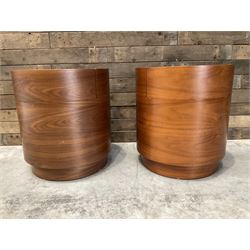 Pair of walnut circular barrel shaped lamp tables, fitted with single drawer