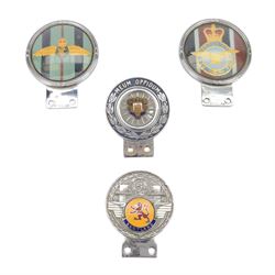 Four 20th century car badges, including Royal Air Force and Royal Flying Core, both stampe...