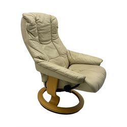 Ekornes Stressless - swivel armchair upholstered in cream leather (W81cm, H103cm); together with matching stool (W49cm)