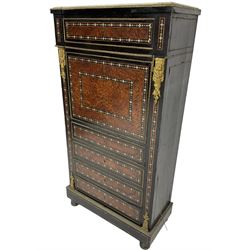 Late 19th century French ebonised and amboyna secrétaire à abattant, white marble top over frieze drawer, fall front and four further drawers, inlaid with trailing pattern in mother of pearl, mounted by cast gilt metal brackets with floral festoons, plinth base with foliate mounted edging and brass stringing, on turned feet 