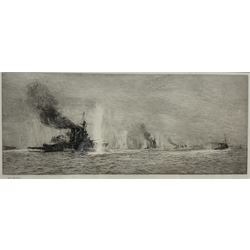 William Lionel Wyllie (British 1851-1931): 'HMS Tiger at Jutland', drypoint etching signed in pencil, titled on the mount 19cm x 44cm 
Notes: this picture depicts the British warships Tiger, Princess Royal, Lion, Warrior, and Defence in action at the Battle of Jutland on 31st May 1916, shortly before the Defence was sunk.