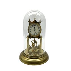 Continental- early-20th century torsion clock under a glass dome, movement raised on two pillars on a circular brass base, with an enamel dial, Roman numerals and spade hands, oscillating four ball circular pendulum. Torsion spring intact.