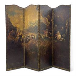 19th century four panel folding room screen, each leather panel painted with scenes from 'The Embarkation for Cythera' after Jean-Antoine Watteau (French 1684-1721), depicting a fête galante celebration with amorous couples and Cupids, with them a gilt statue of Venus, set within a classical capriccio landscape on the Greek island of Cythera, inscribed and titled verso with a verse from 'Ode on a Grecian Urn' by John Keats