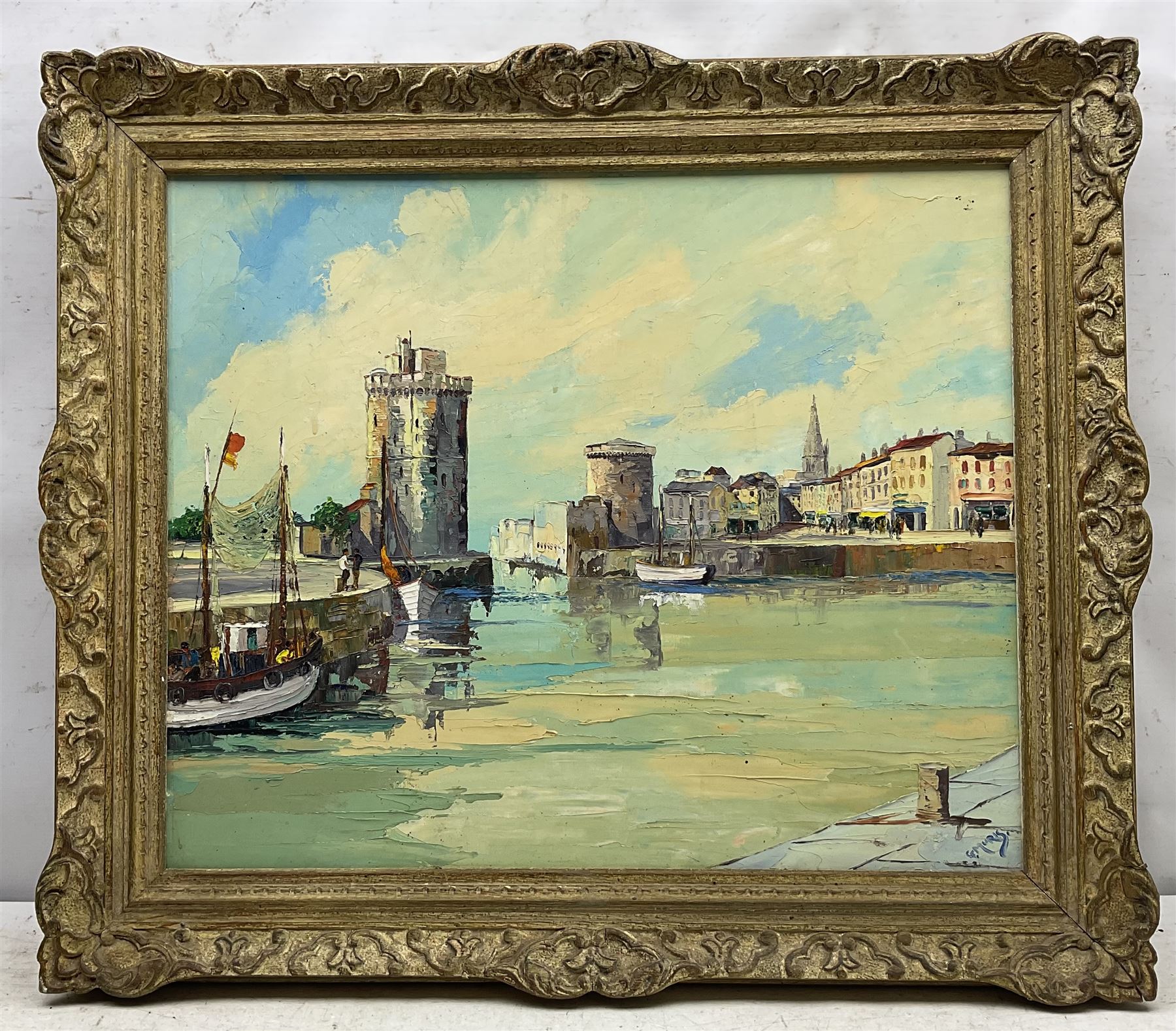 George Muris (British c.1914-1988): Continental Harbour Scene, impasto oil on board signed, titled verso 49cm x 59cm 