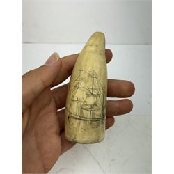 Two 19th century scrimshaw whale tooth, the first inscribed Hawk depicting ship, and the other depicting a ship, largest L9cm 