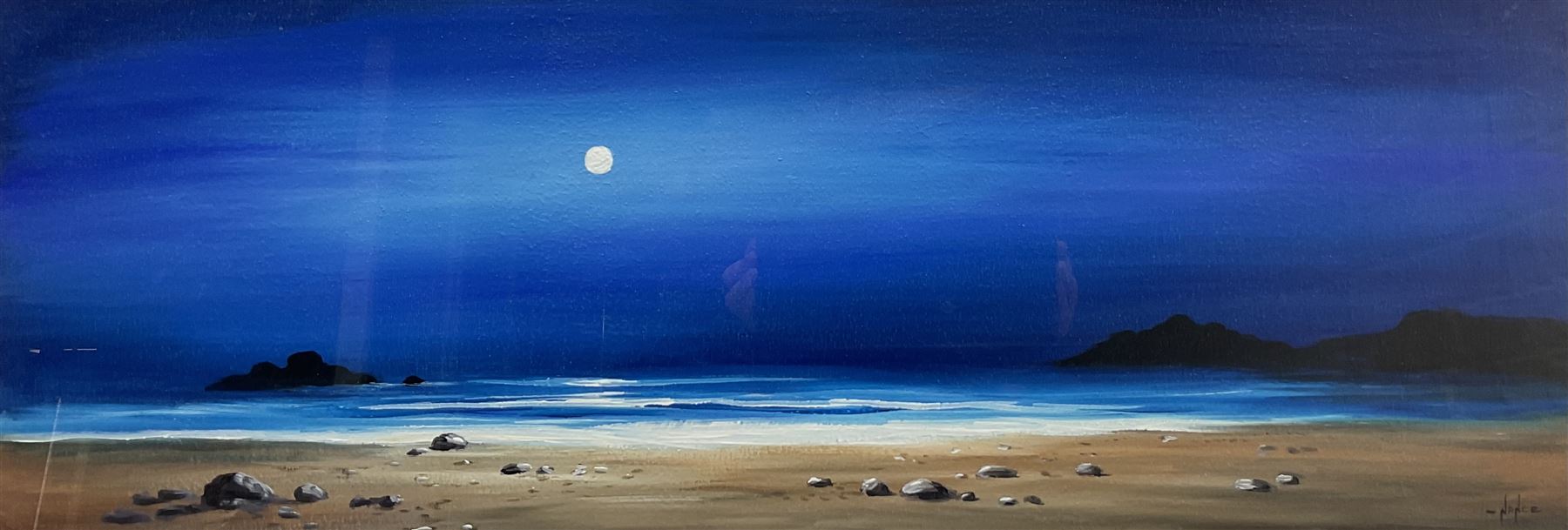 Mike Nance (British Contemporary): Moonlight on the Sands, acrylic on board signed 25cm x 70cm 