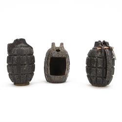 Three Inert Mills Grenade relic cases, two marked no 23 to the base