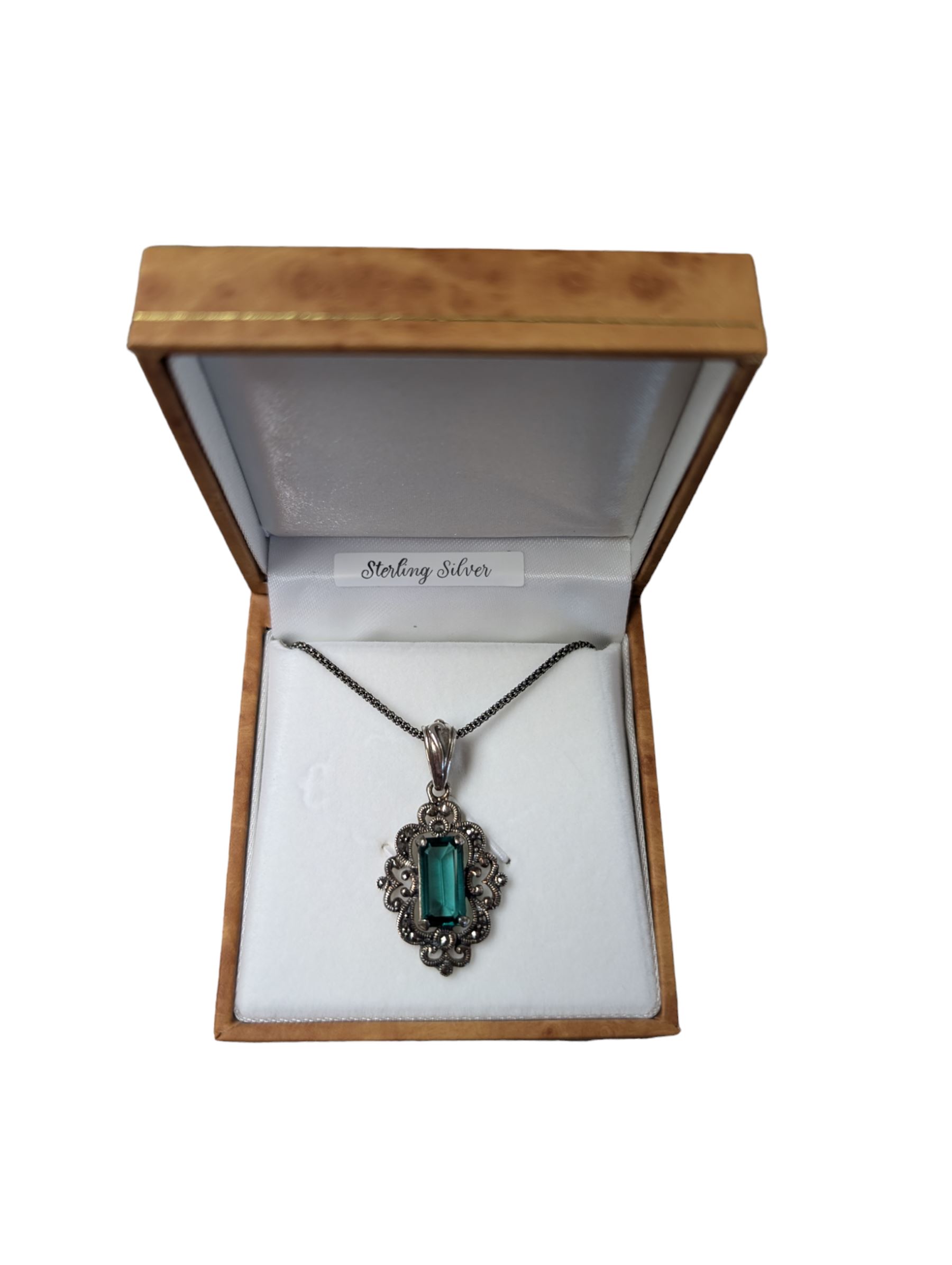 Silver marcasite and green stone pendant necklace, stamped, boxed 