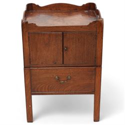 George III mahogany night commode, tray-top with pierced handles, fitted with cupboard over commode drawer, on square moulded supports