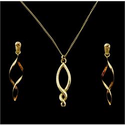 Gold twist pendant necklace and a similar pair of gold earrings, all 9ct