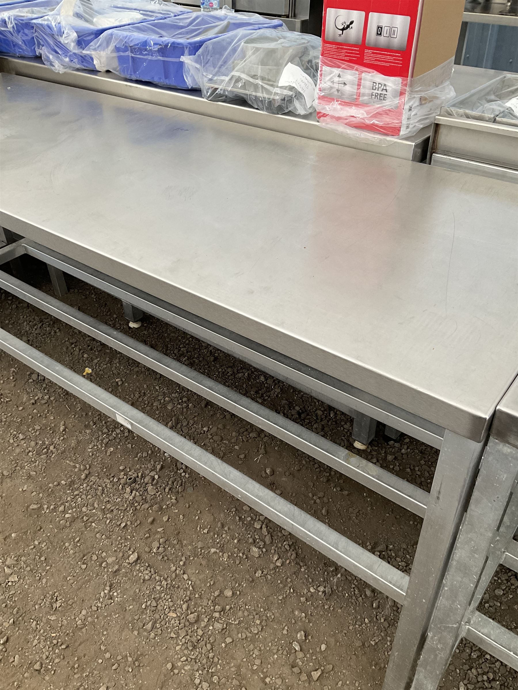 Aluminium framed preparation table with stainless steel top, barred under-tier - THIS LOT IS TO BE COLLECTED BY APPOINTMENT FROM DUGGLEBY STORAGE, GREAT HILL, EASTFIELD, SCARBOROUGH, YO11 3TX