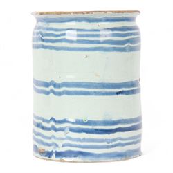 18th century English Delft blue and white drug jar, circa 1720-1760, probably London, of cylindrical form with short everted rim, painted with concentric blue bands, bearing Christie's lot label, H18cm D14cm

Provenance:
Lot 1601, British and Continental Ceramics and Glass, Christie's, 7th September 2006
From the collection of Lady Ottoline Morrell, Garsington Manor, Oxford