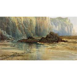 Reginald Smith (British 1855-1925): Seagulls on the Shore beneath Rocky Cliffs, watercolour signed 42cm x 73cm (unframed)