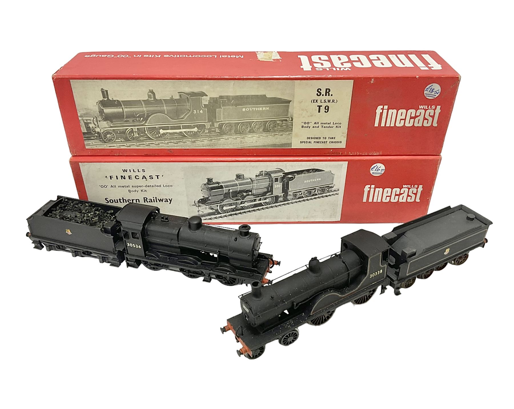 ‘00’ gauge - two kit built steam locomotive and tenders comprising SR/BR Class Q 0-6-0 no.30536 finished in BR black; SR/BR T9 Greyhounds Class 0-6-0 no.30338 finished in BR black; with Wills Finecast boxes (2) 