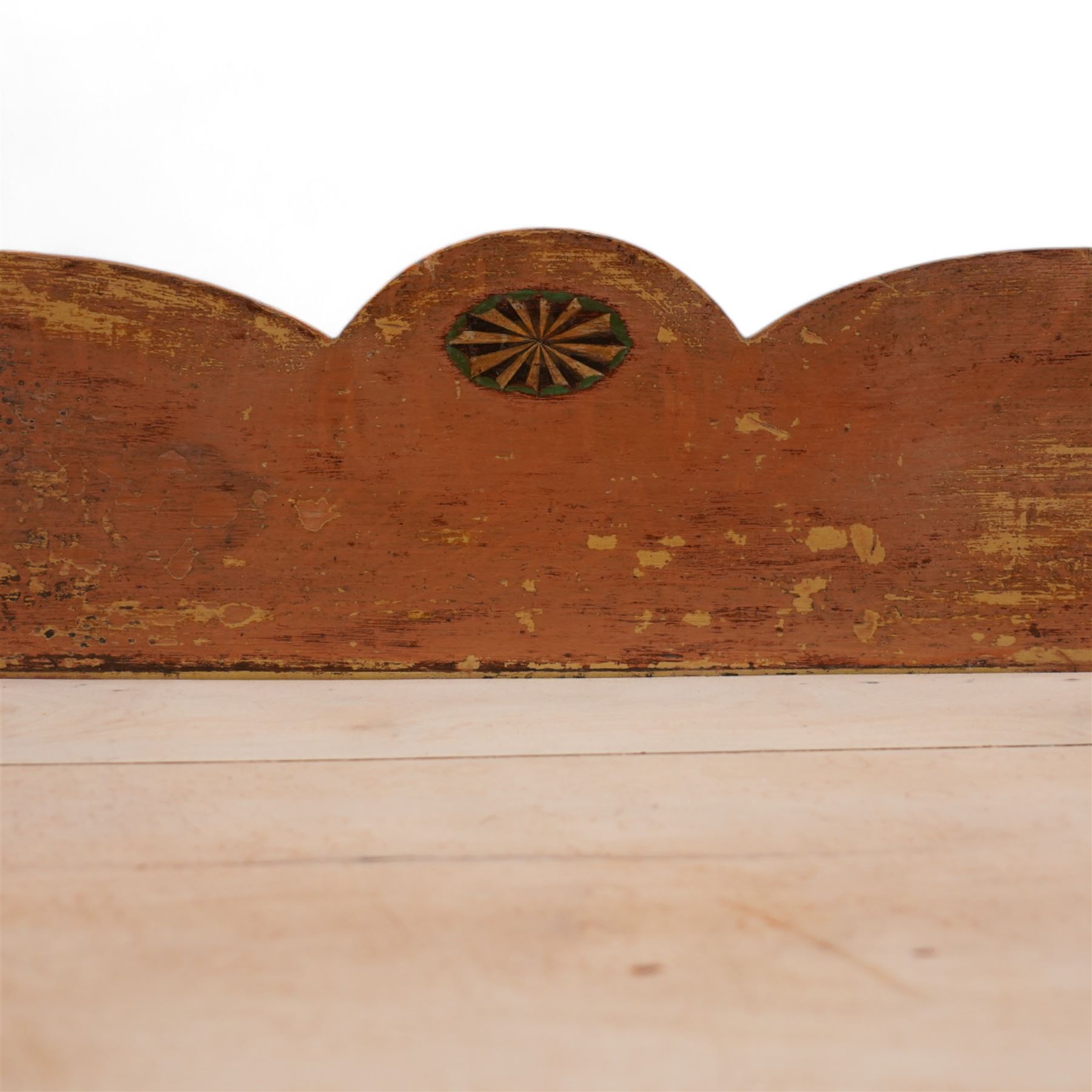 Victorian scumbled pine and sycamore dresser base, the sycamore top framed within shaped gallery, fitted with seven drawers and central cupboard enclosed by half columns mounts, on turned feet 