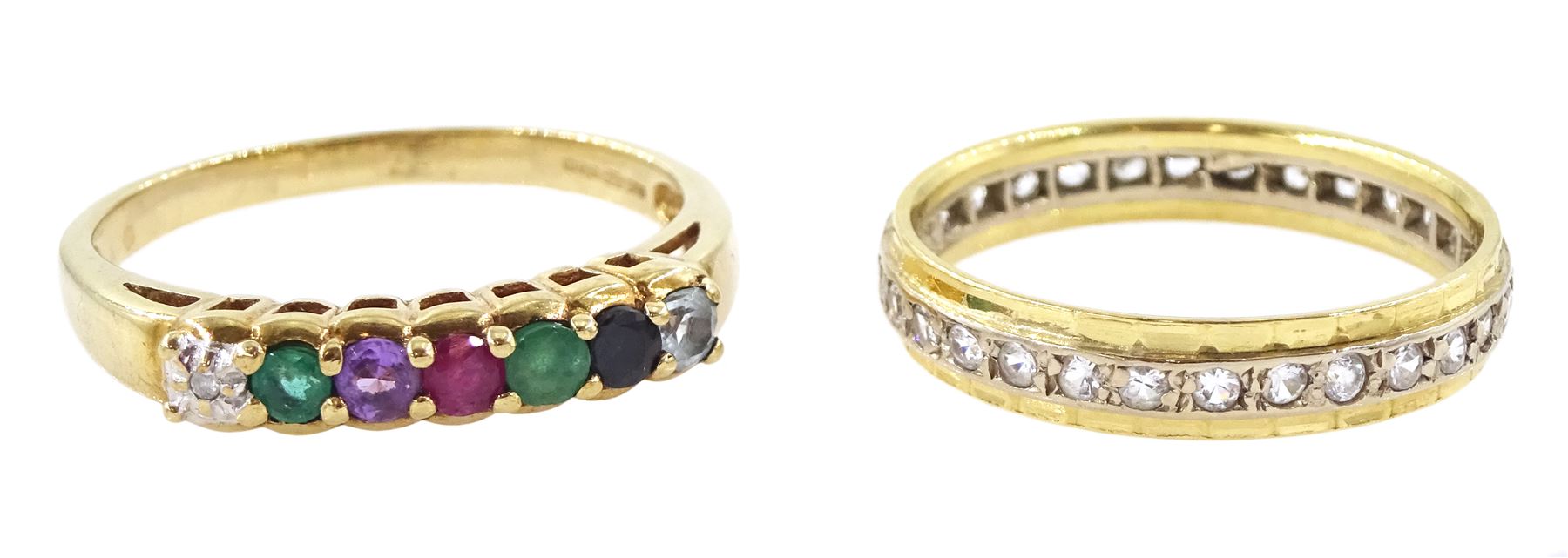 18ct gold white spinel full eternity ring and a 9ct gold 'Dearest' ring, hallmarked