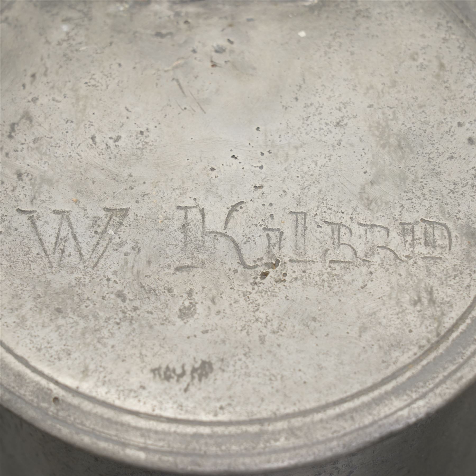 Large 18th century Scottish pewter lidded tankard, the flat cover engraved 'W. Kilbrid', with bifurcated thumbpiece over a tapering cylindrical body, H25cm 