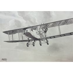 Leonard Bridgman (British 1895-1980): R.M.A Princess Mary - Biplane in Flight, monochrome watercolour signed 26cm x 36cm 