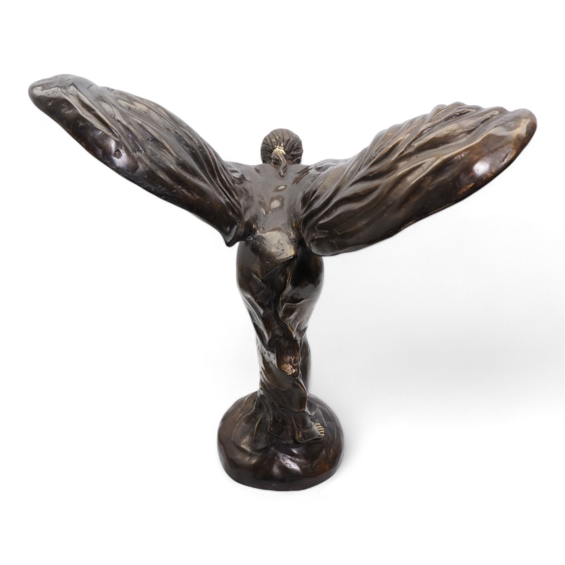 After Charles Sykes (1875-1950): 20th century hollow cast patinated bronze model depicting the 'Spirit of Ecstasy' H56cm x W53cm 