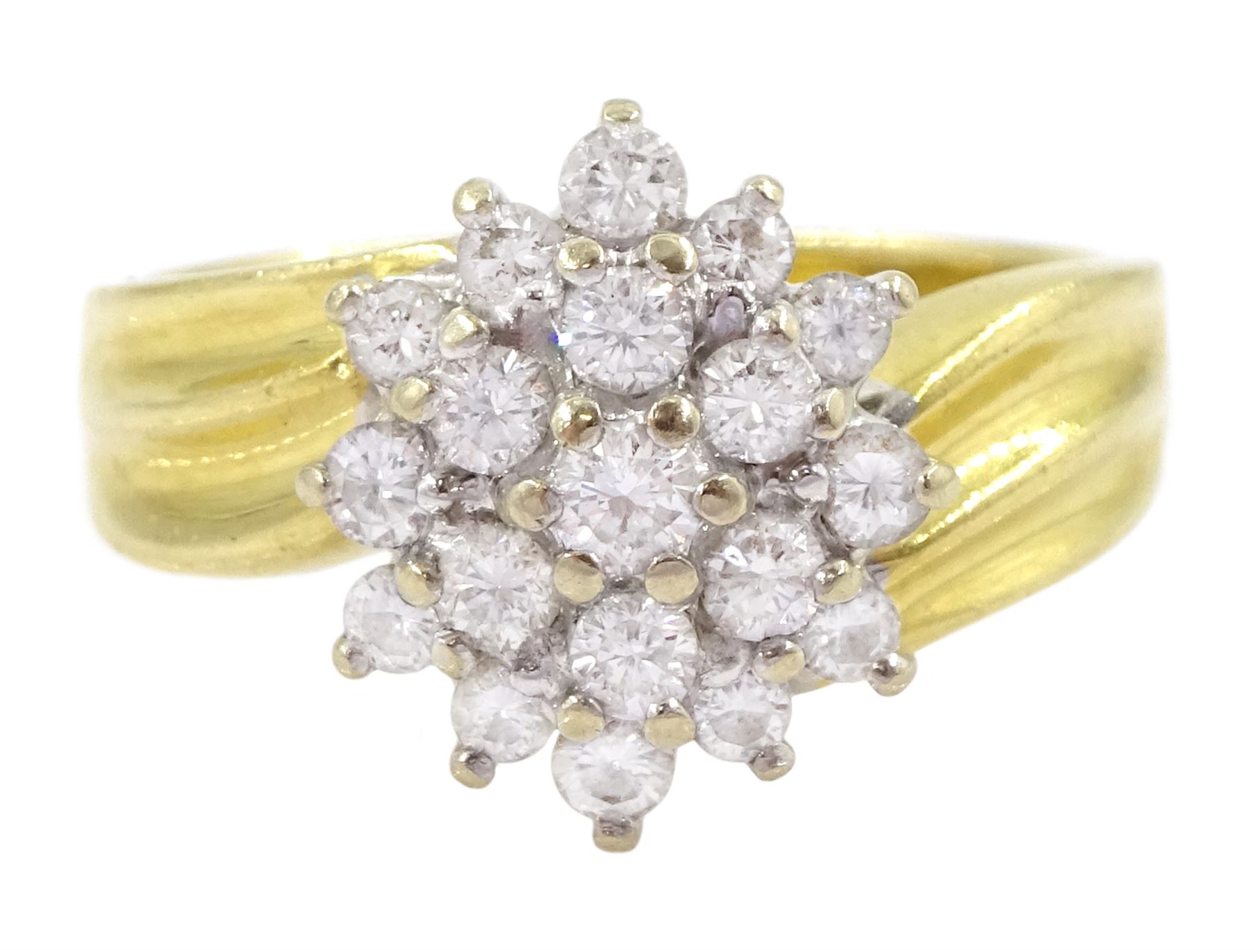 18ct gold round brilliant cut diamond cluster ring, Birmingham import mark 1996, total diamond weight approx 1.00 carat