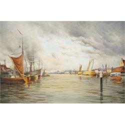 Louis Van Staaten (Dutch 1836-1909): Fishing Boats on a River in Holland, watercolour signed 40cm x 60cm