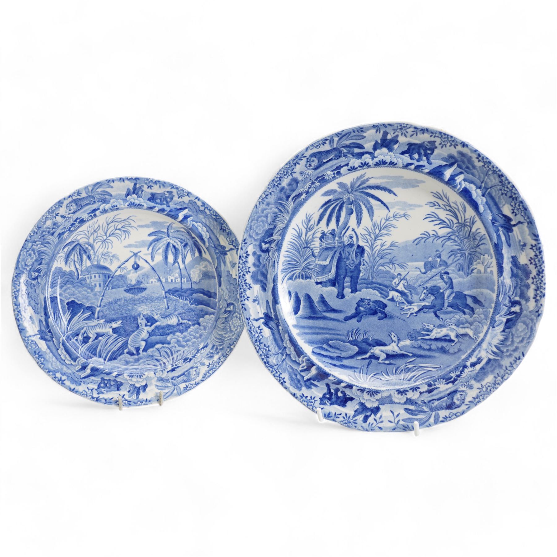 Two 19th century Spode 'Indian Sporting Series' blue and white transfer printed plates, comprising 'Death of the Bear' D25cm and 'Common Wolf Trap' D21cm (2)