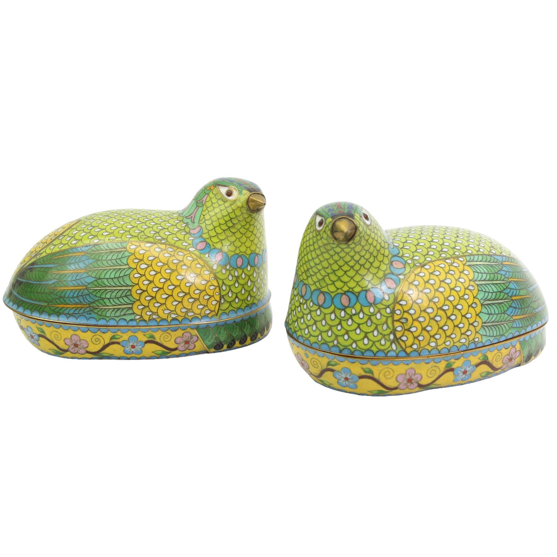 Pair of Chinese cloisonne Quail form boxes and covers, L17cm 