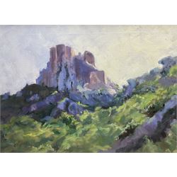 Catherine Tyler (British 1949-): 'Cathar Castle Queribus' France, oil on canvas signed, ti...