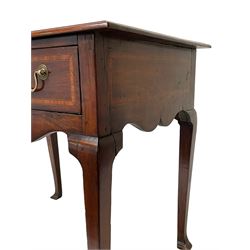 18th century and later inlaid mahogany and fruitwood low-boy, the moulded rectangular top with satinwood band, shaped frieze fitted with single drawer, on cabriole supports with angular feet