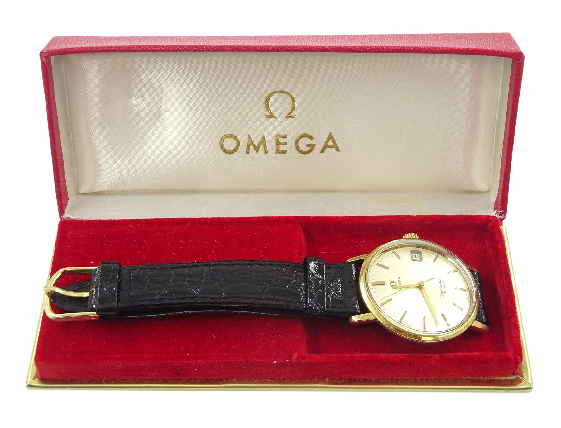 Omega Seamaster De Ville gentleman's gold capped and stainless steel manual wind wristwatch, Cal. 613, silvered dial with date aperture, on black leather strap, boxed