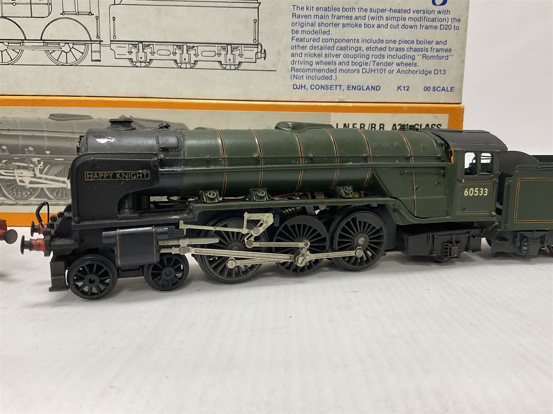 ‘00’ gauge - three kit built steam locomotive and tenders comprising Class A2 4-6-2 ‘Happy Knight’ no.60533 finished in BR green, with Nu-Cast box; Class A2 4-6-2 ‘Duke of Rothesay’ no.60508 finished in BR green, with Millholme Models box; Class D20 4-4-0 no.62387 finished in BR black, with DJH Models box (3) 