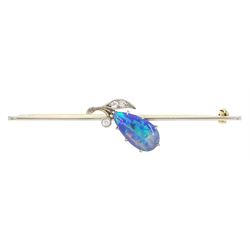 Early 20th century 15ct gold flower bud brooch, cabochon pear cut opal bud and three stone milgrain set old cut diamond leaves