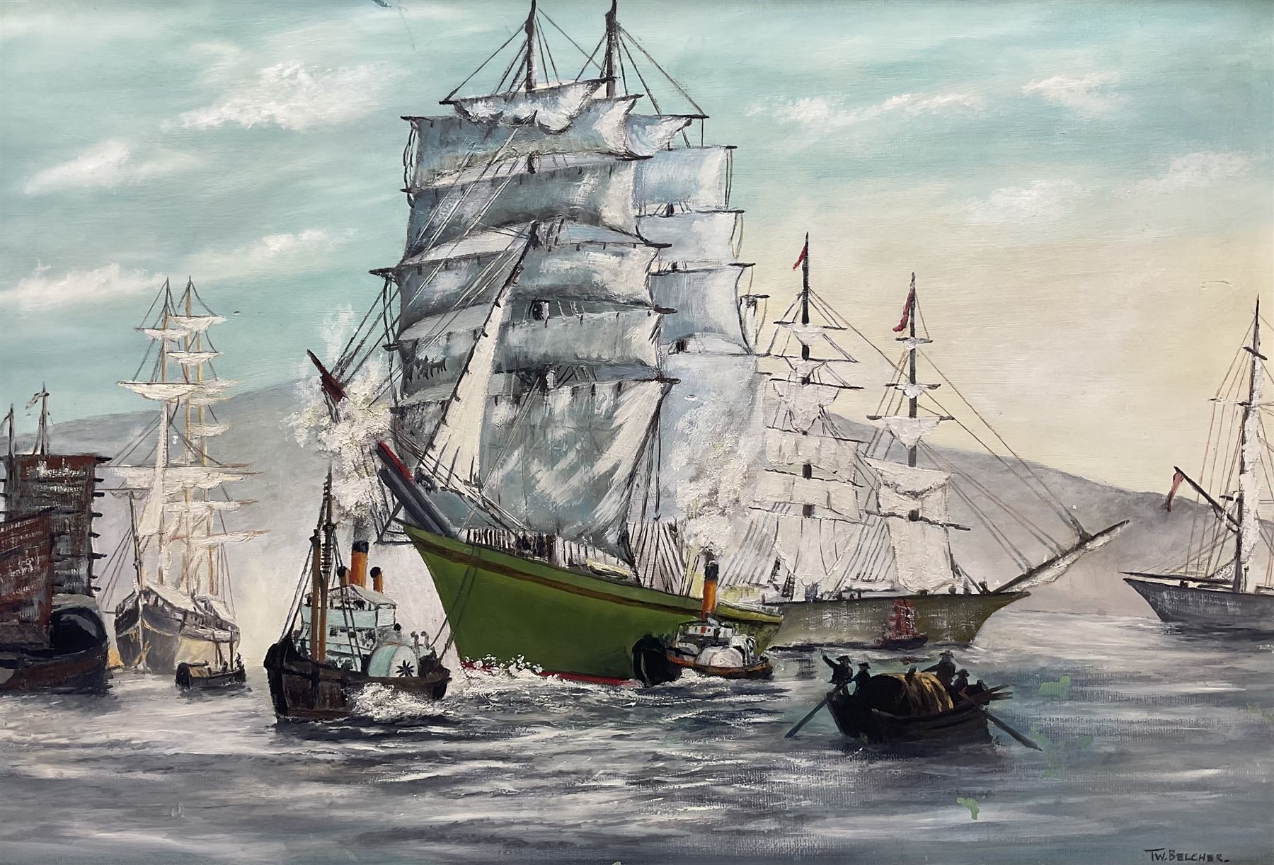 TW Belcher (British 20th Century): Clipper in Full Sail, oil on canvas board signed 49cm x 74cm 