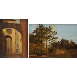 Continental School (19th Century) View Through the Archways, oil on board unsigned, in 19th century gilt frame 35cm x 25cm; German School (20th Century): Forest Path, oil on board indistinctly signed and dated 1842, 24cm x 34cm (2)