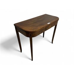 George III mahogany D-end tea table, fold-over top over figured frieze with geometric stri...