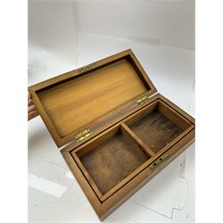 Group of wooden boxes and tins, including oak two compartment cigarette box, money tins, inlaid tea caddy, etc