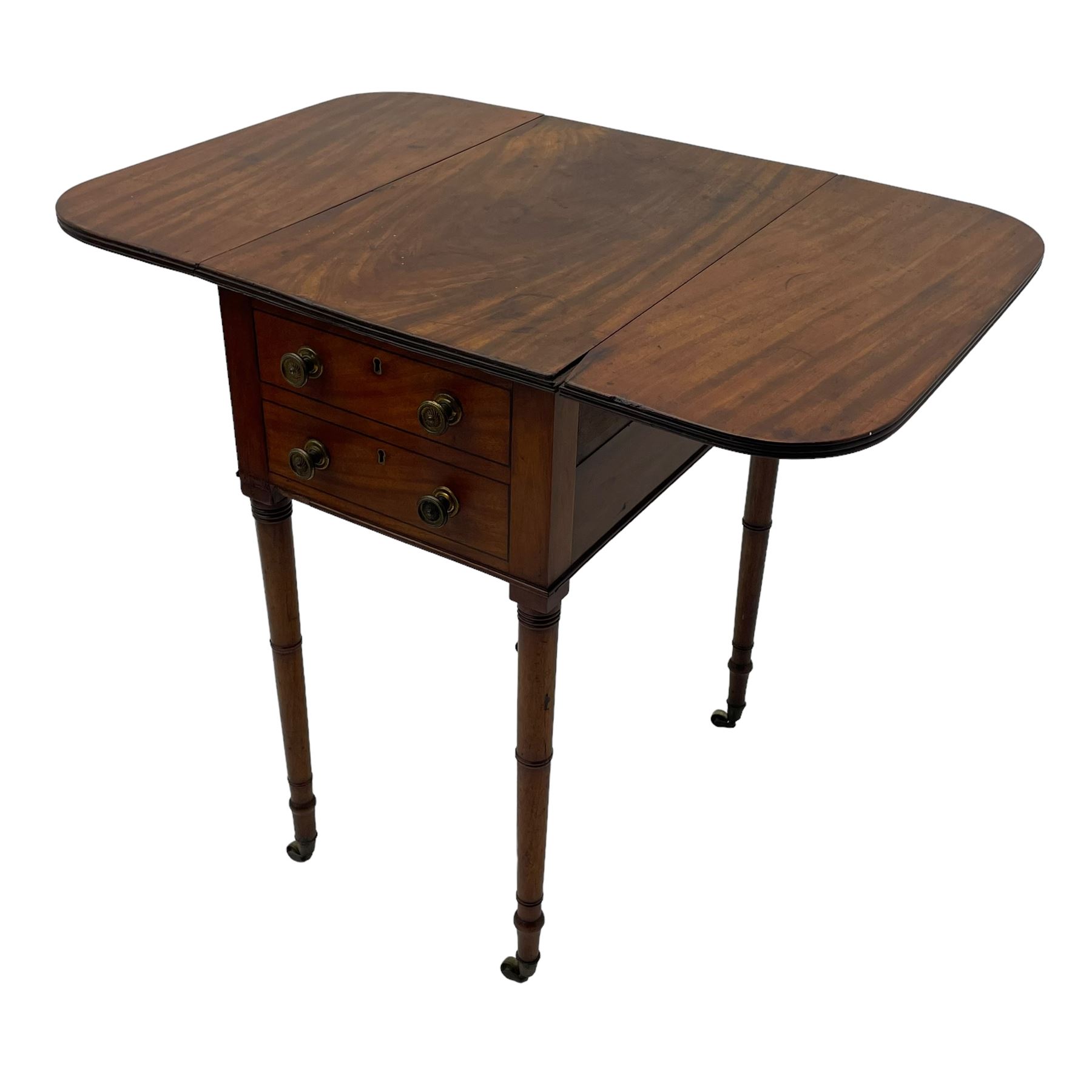 George III mahogany Pembroke table, reed moulded rectangular drop leaf top with rounded corners, fitted with two drawers opposing two false drawers, on ring turned supports with brass cups and castors 