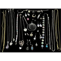 Collection of silver and stone set silver jewellery including cubic zirconia earrings and pendant necklaces, charm bracelet, pendant necklaces, bracelets, all stamped or tested