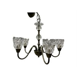 Contemporary five-branch chandelier, brass effect with moulded glass shades; matching pair of wall-mounted two-branch lights (3)