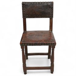 17th century oak back-stool, upholstered in brown leather with studded decoration, on turn...