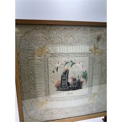 Framed WWI hand painted silk serviette with lace edges, painted with a building 'Arras' H60cm